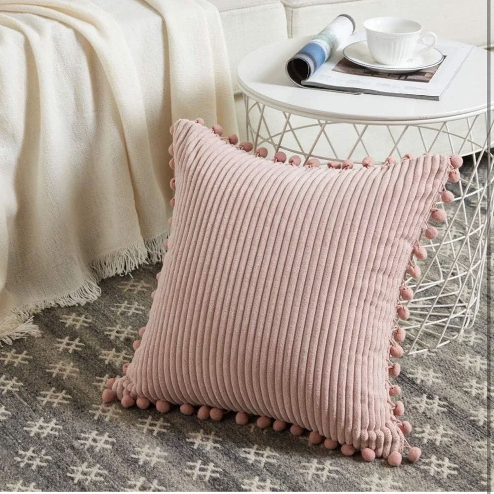 Pack of 2 Decorative Throw Pillow Covers with Pom-poms, Soft Corduroy 18x18 - Picture 2 of 5